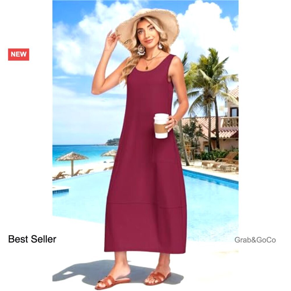 Sleeveless Boho Maxi Dress Flowy Casual Sundress with Pockets Beach Vacation - Picture 3 of 6